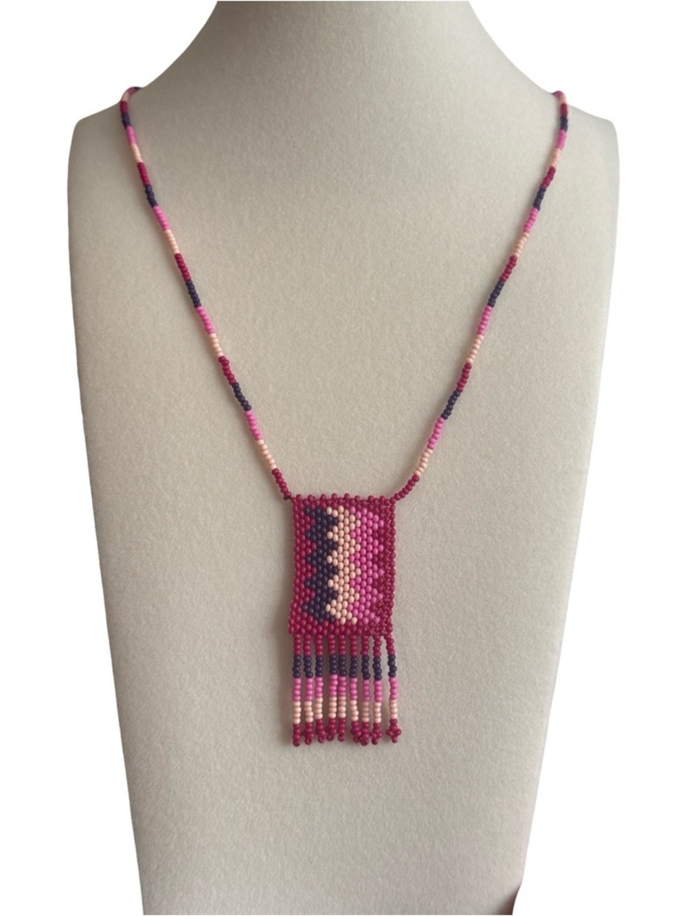 Pink Beaded Fringe Pendant Necklace